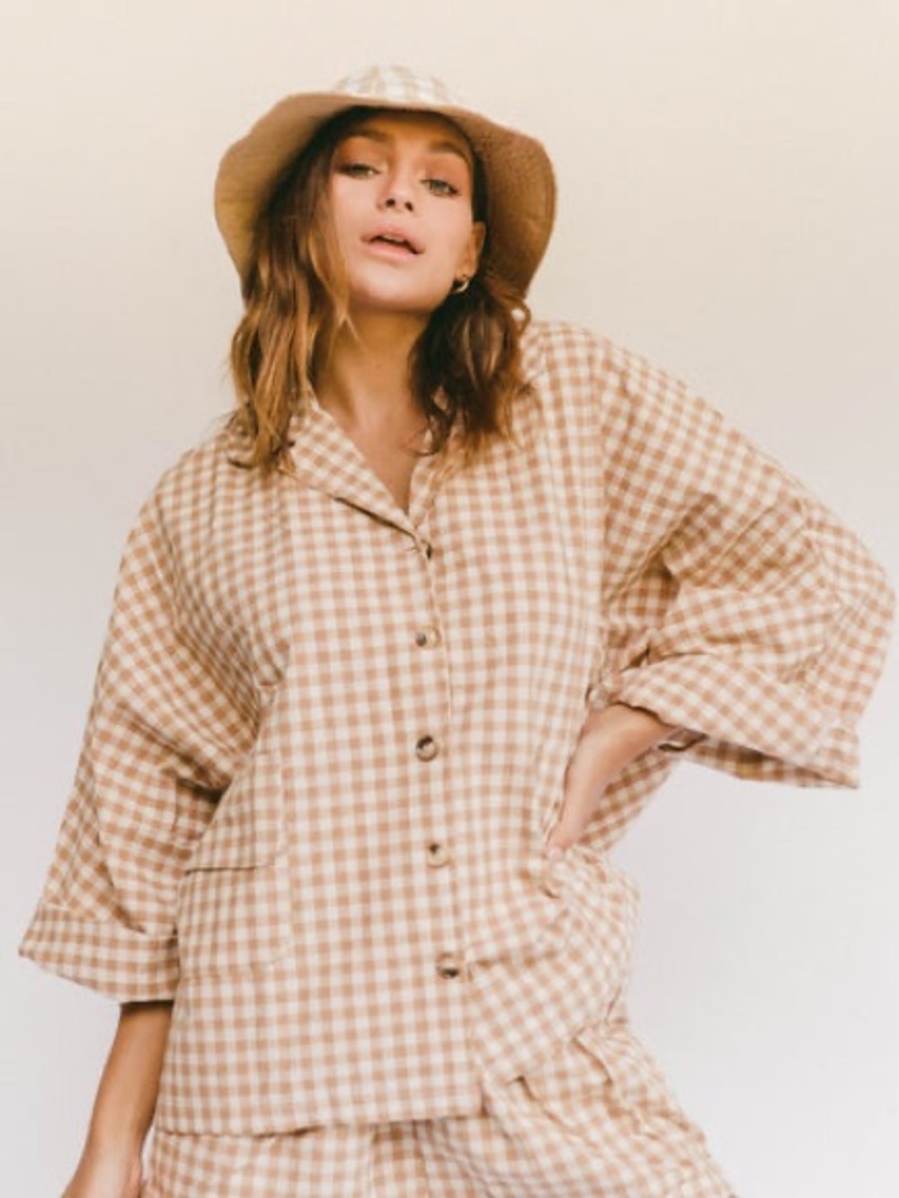 The Lullaby Club Gingham Button-Front Peasant Top Mustard Brown Cotton L/XL